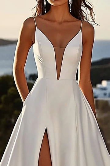 A Line Spaghetti Straps lvory Long Wedding Dress with Slit